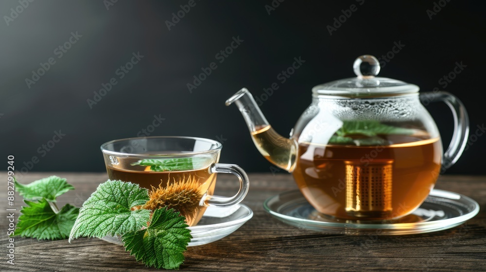 A glass teapot and cup of herbal tea with a built-in strainer sit on a wooden table. Green leaves and a sprig of plant are next to the cup A glass teapot and cup of herbal tea with a built-in strainer sit on a wooden table. Green leaves and a sprig of plant are next to the cup