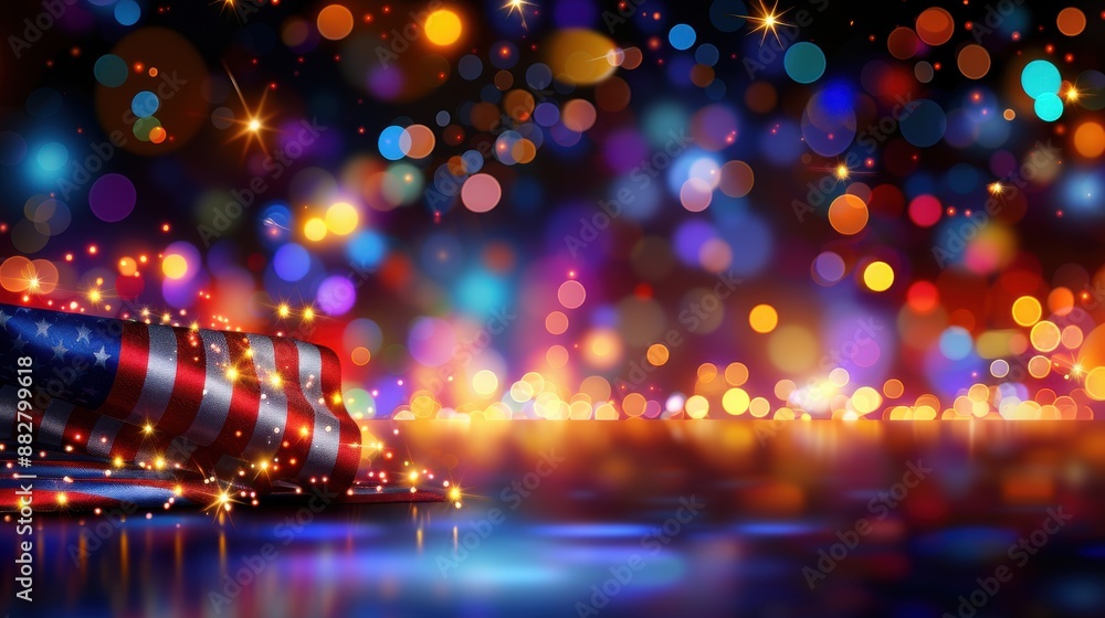A colorful background with a red, white, and blue American flag on top. A colorful background with a red, white, and blue American flag on top.