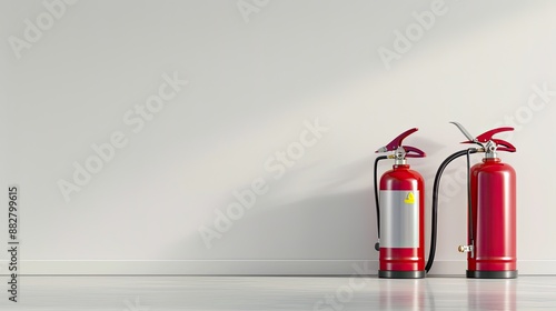 Two fire extinguishers stand side by side against a white wall. A potted green plant is to the right photo