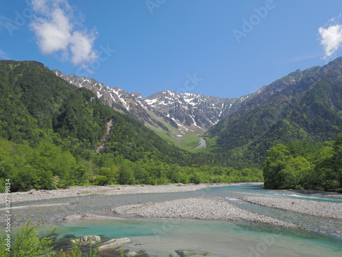 Wallpaper Mural 上高地　河童橋の北の穂高連峰山並みガイド看板付近から見た梓川と初夏の穂高連峰 Torontodigital.ca