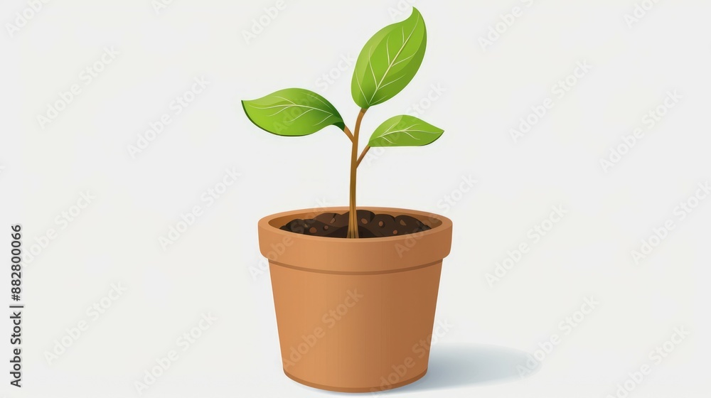 New plant sprout in clay pot. Green plant seedling with three leaves growing in a terracotta pot. New plant sprout in clay pot. Green plant seedling with three leaves growing in a terracotta pot.