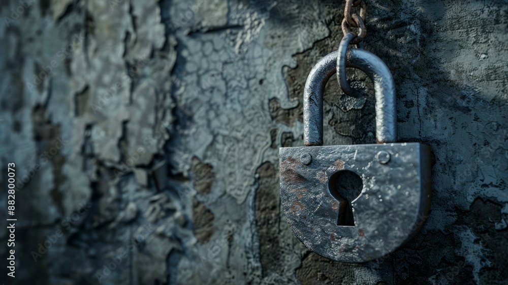 Rusty lock on weathered wall. Closeup of a rusty padlock secured to a weathered wall. Rusty lock on weathered wall. Closeup of a rusty padlock secured to a weathered wall.