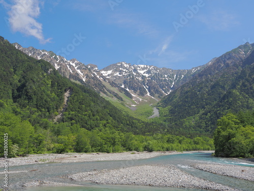 Wallpaper Mural 上高地　河童橋の北の穂高連峰山並みガイド看板付近から見た梓川と初夏の穂高連峰 Torontodigital.ca