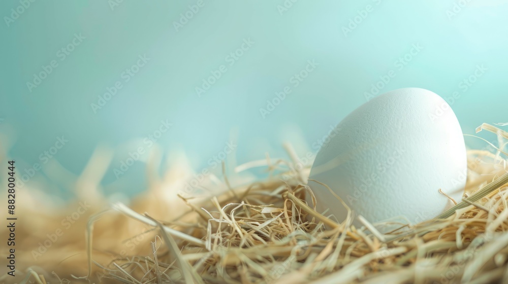Obraz premium Single white egg in hay nest. A single white egg rests in a soft hay nest against a blue background.