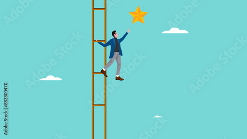 success ladder to reach goal and target, climb up ladder to get new hope, journey to achieve hope of success in business, hope of career development progress, businessman climb ladder to get gold star
