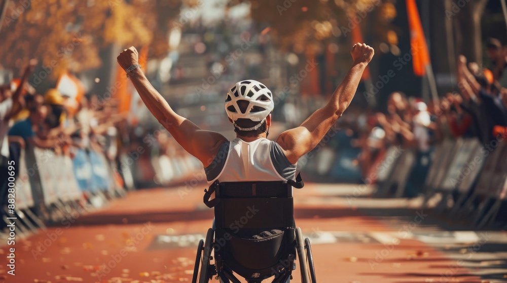 Obraz premium An athlete raises his hands in wheelchair in victory