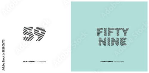 Number or Digit 59 fifty nine, with line effect editable vector.