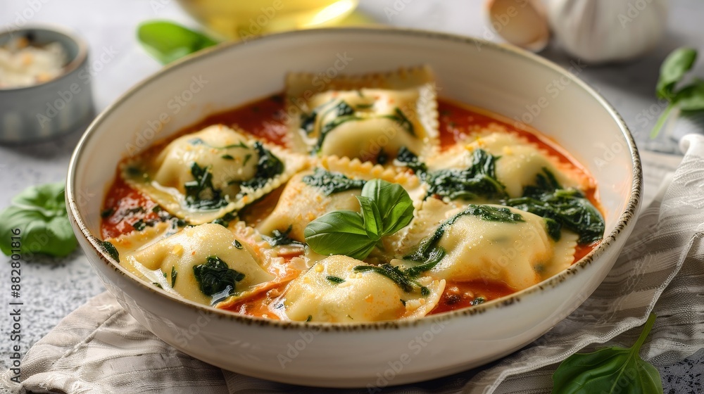 A bowl of creamy ricotta and spinach stuffed ravioli, served with a light tomato sauce. A bowl of creamy ricotta and spinach stuffed ravioli, served with a light tomato sauce.
