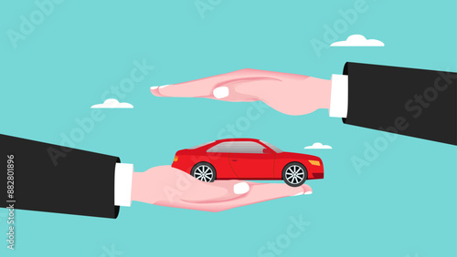 car insurance, vehicle protection from accidents, driving safety guarantee or loss protection due to accidents, big businessman hand protects car with insurance