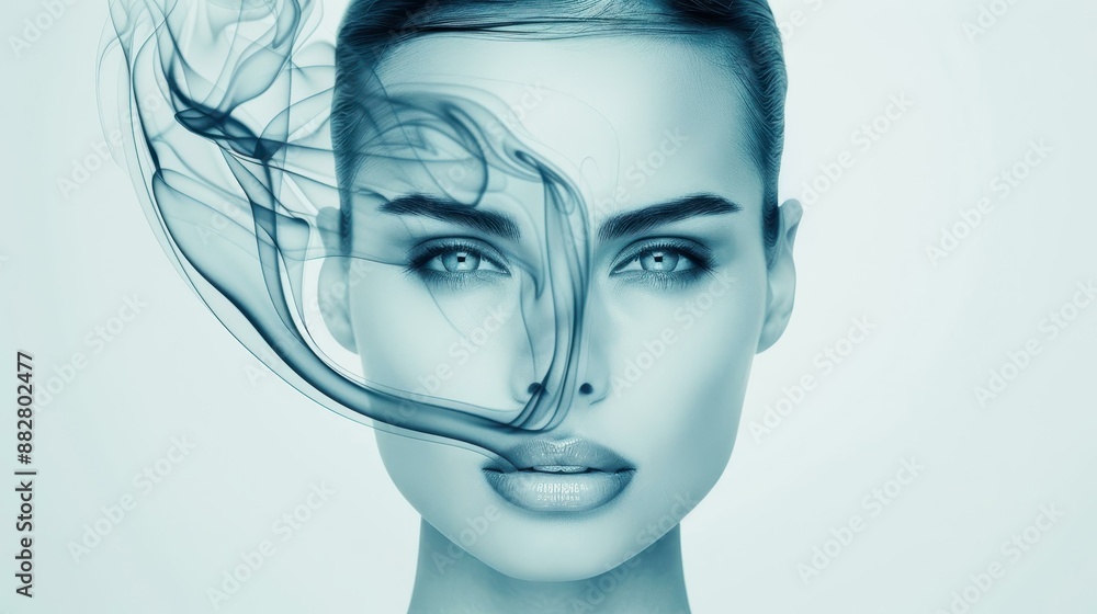 Stunning abstract black squid smoke envelops a womans face against a clean white backdrop with copy space. Stunning abstract black squid smoke envelops a womans face against a clean white backdrop with copy space.