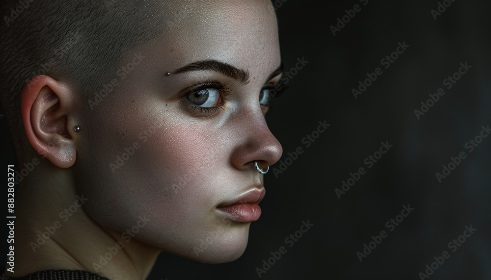Portrait of Young Woman with Shaved Head and Pierced Ear, Bold and Confident Portrait of Young Woman with Shaved Head and Pierced Ear, Bold and Confident