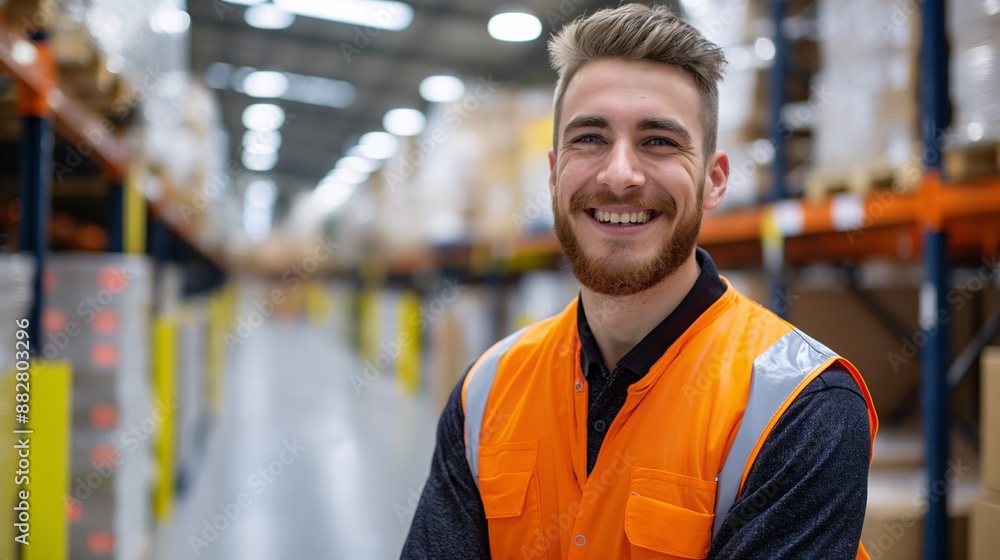 A cheerful warehouse worker in an orange. A cheerful warehouse worker in an orange.
