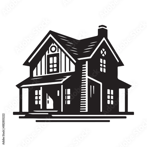 black and white silhouette house vector with white background