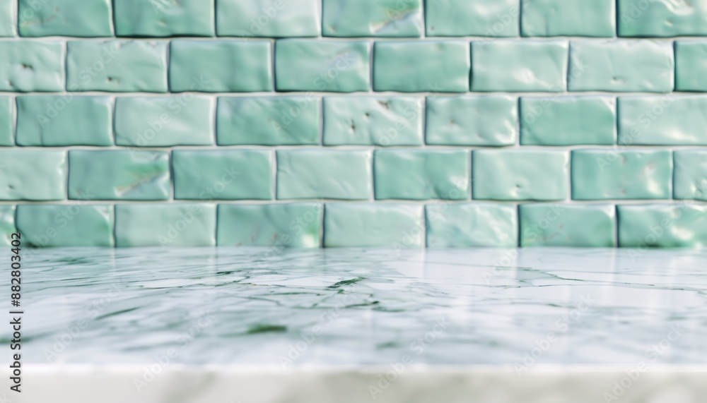 Fototapeta premium Empty White Marble Tabletop Against Fresh Mint Green Tiles Background, Modern Design