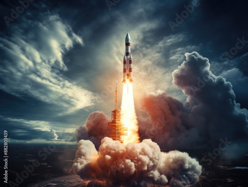 Futuristic Space Technology: Rocket Launching into Orbit with Communication Satellites Background © Thanawat_Suesoypan