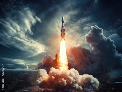 Futuristic Space Technology: Rocket Launching into Orbit with Communication Satellites Background