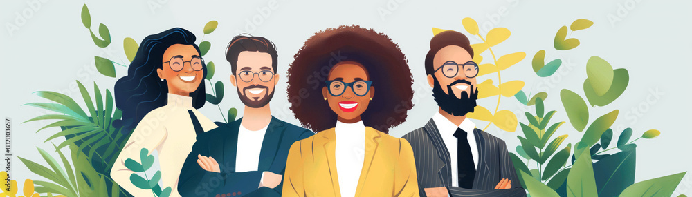 Diverse team of four professionals smiling confidently, standing together in a vibrant office environment with greenery in the background. Diverse team of four professionals smiling confidently, standing together in a vibrant office environment with greenery in the background.