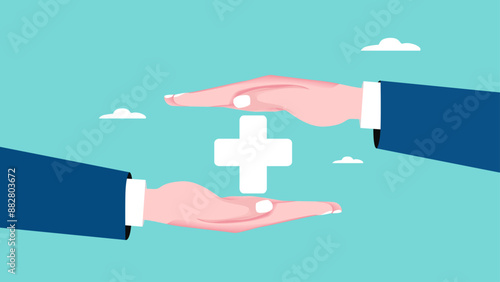health insurance, insurance to reduce the cost of medical treatment and hospital treatment, big businessman hand protects health symbol with insurance