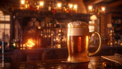 Golden Mug of Ale with Cozy Rustic Ambiance of Irish Pub Background with Copy Space Classic Design Thick Handle Rich Creamy Head of Foam