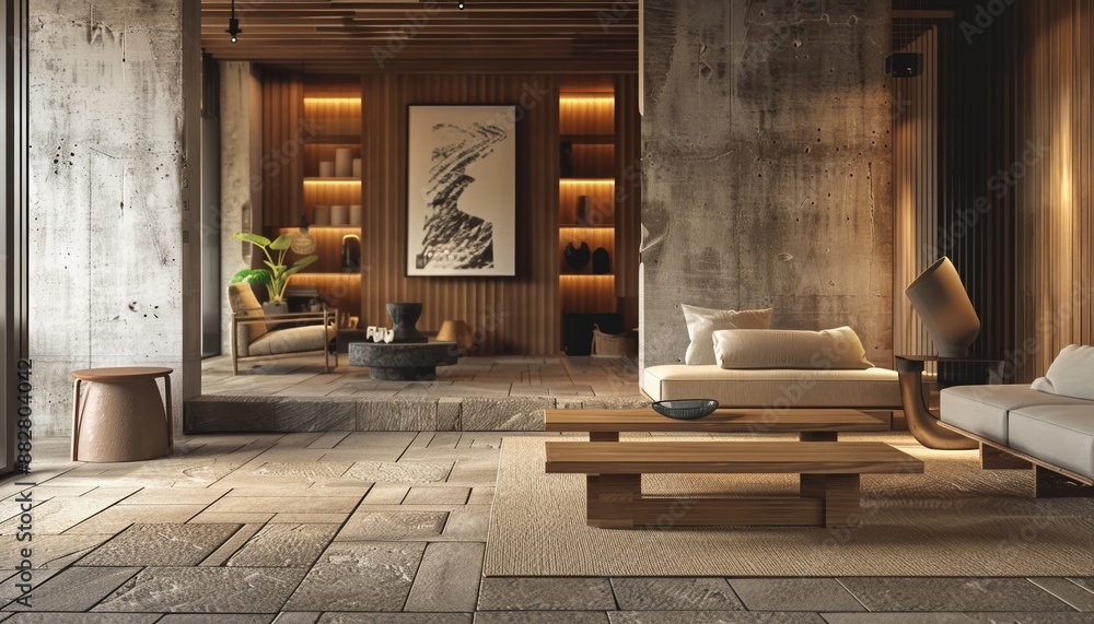 Serene Minimalist Interior Space with Wooden Furnishings and Subtle Artistic Touches Serene Minimalist Interior Space with Wooden Furnishings and Subtle Artistic Touches