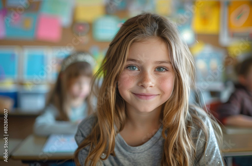Smiling young girl with long hair and freckles, sitting in a colorful classroom, ready to engage in learning activities and enjoy her school day