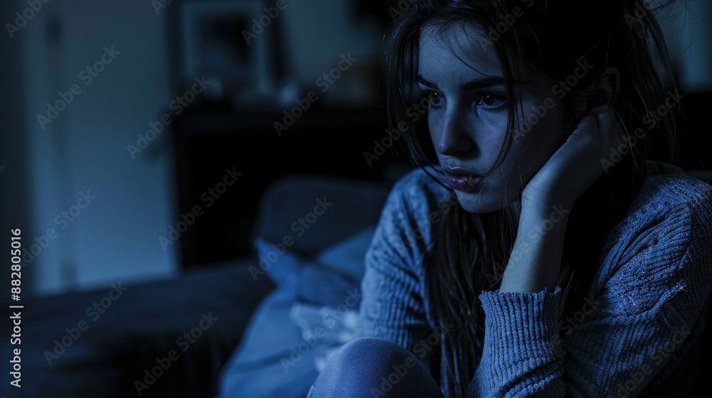 Obraz premium A sad and lonely young woman sits on a sofa in a dark room nearby.