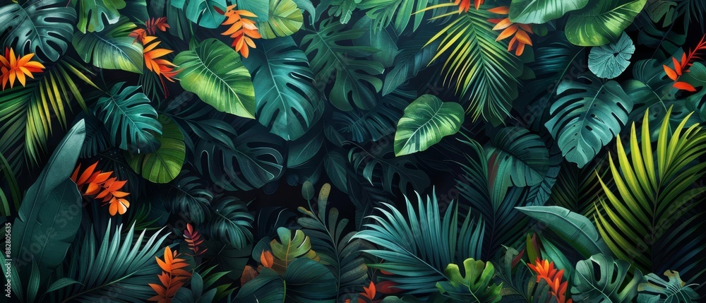 A captivating high-angle view of a lush tropical forest in a digital watercolor style, emphasizing vibrant foliage and hidden wildlife A captivating high-angle view of a lush tropical forest in a digital watercolor style, emphasizing vibrant foliage and hidden wildlife