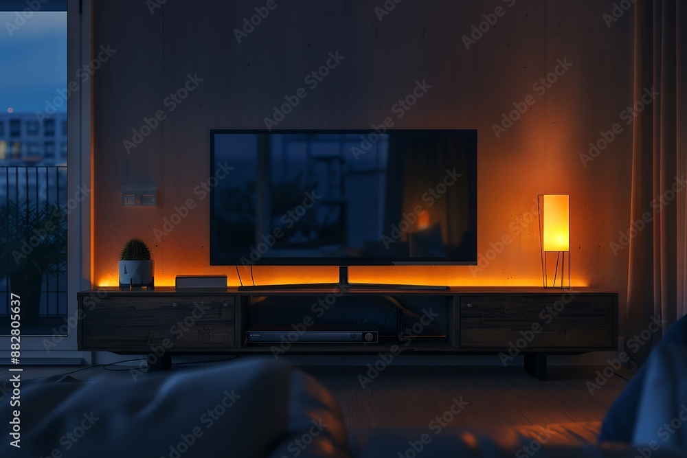 night time, dark living room with black flat screen tv on wall and modern wooden entertainment console below the television, interior design photography, warm light lamp beside sofa, minimalism, photo night time, dark living room with black flat screen tv on wall and modern wooden entertainment console below the television, interior design photography, warm light lamp beside sofa, minimalism, photo