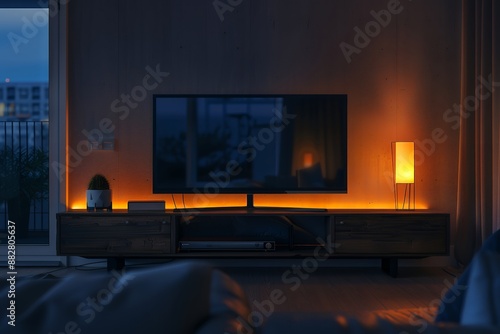 night time, dark living room with black flat screen tv on wall and modern wooden entertainment console below the television, interior design photography, warm light lamp beside sofa, minimalism, photo photo