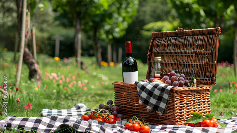 Picnic basket with products and bottle of wine on checkered blanket in garden Picnic basket with products and bottle of wine on checkered blanket in garden