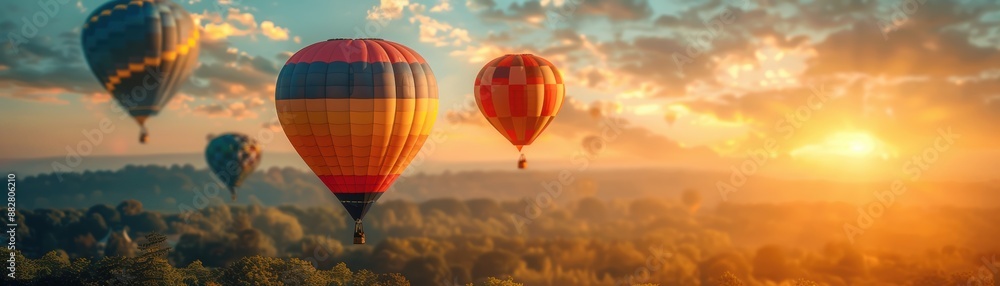 Obraz premium Colorful hot air balloons floating over a scenic landscape at sunrise, creating a picturesque view with a golden sky and a serene atmosphere.
