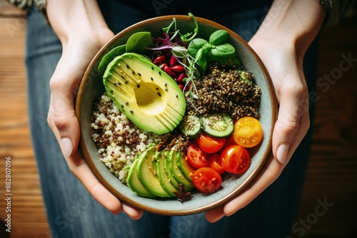 a person holding a bowl of food with avocado, tomatoes, cucum photo