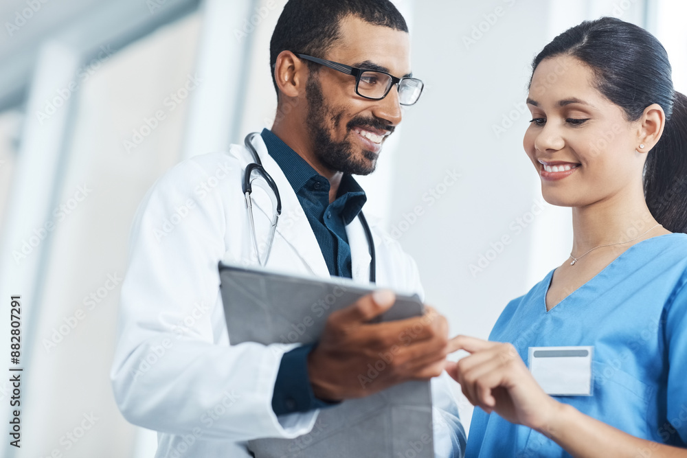 Collaboration, doctor and happy nurse on tablet for planning, training and learning healthcare. Tech, teamwork and medical people in hospital for patient report, research and discussion with mentor Collaboration, doctor and happy nurse on tablet for planning, training and learning healthcare. Tech, teamwork and medical people in hospital for patient report, research and discussion with mentor