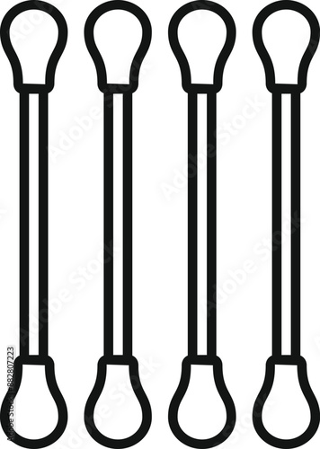 Four cotton swabs standing upright, simple black and white line art icon
