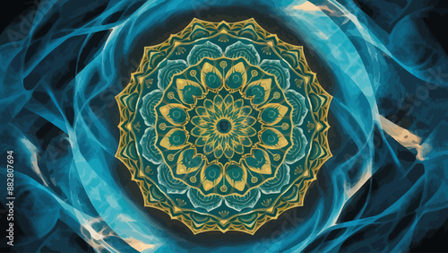 blue and yellow fractal islamic mandala