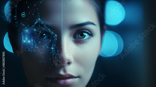 The woman's face is surrounded by a digital grid, biometrics, face control. Woman's face on computer screen with blue background