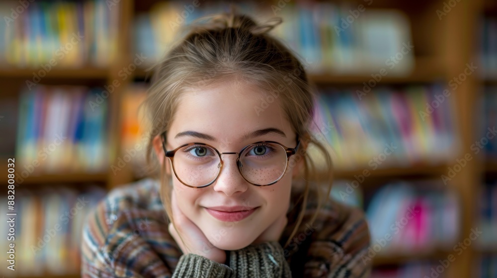 Smiling girl with glasses at a school library Smiling girl with glasses at a school library