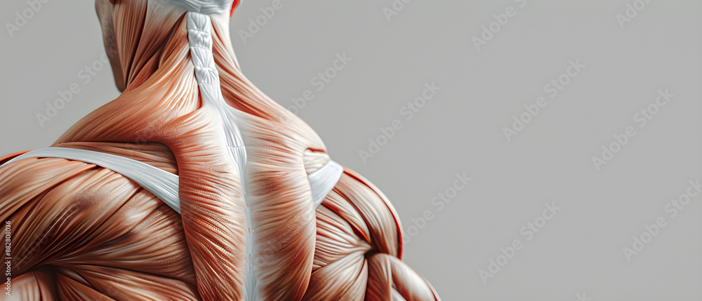 Close-up of muscular back with prominent rhomboid muscles in a dynamic and tense pose. Close-up of muscular back with prominent rhomboid muscles in a dynamic and tense pose.