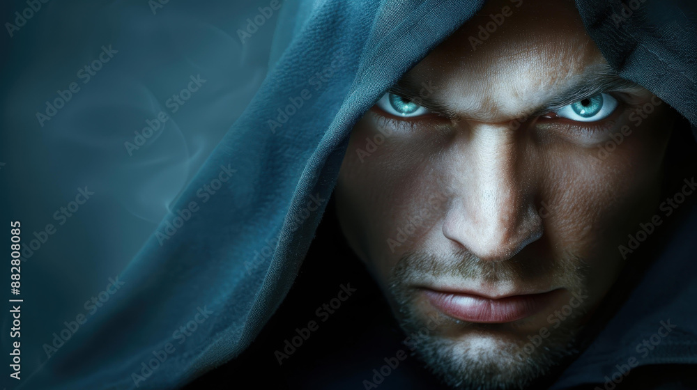 Sinister hooded man with intense eyes and smoky background. Sinister hooded man with intense eyes and smoky background.