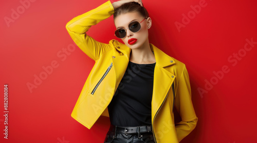 Chic young redhead in yellow leather jacket and sunglasses, poses with hand on head on a bold red background. photo