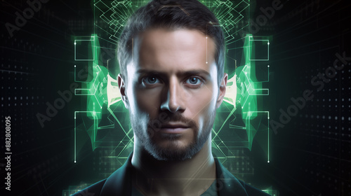 The man face is surrounded by a digital grid, biometrics, face control.
