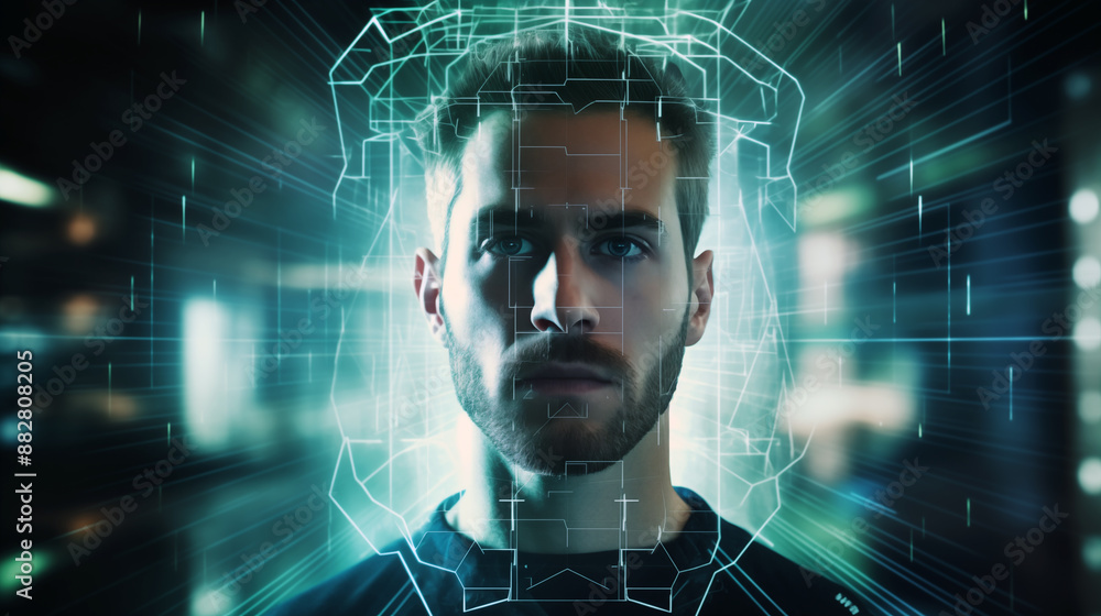The man face is surrounded by a digital grid, biometrics, face control. The man face is surrounded by a digital grid, biometrics, face control.