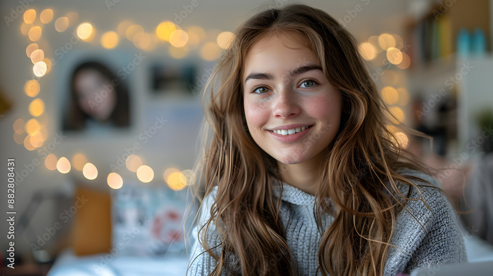 Fototapeta premium Cheerful College Student Smiling In Cozy Decorated Dorm Room