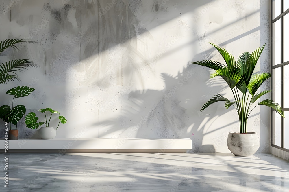 Sunlit Minimalist Interior with Lush Green Plants Sunlit Minimalist Interior with Lush Green Plants