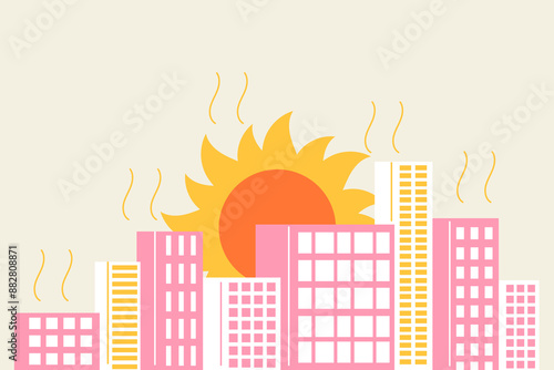 Heat wave warning for hot temperatures template banner with copy space. Summer city suffers from the heat minimalistic vector illustration