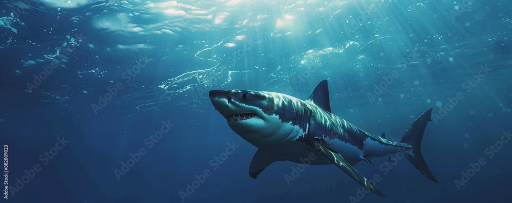 Fototapeta premium Majestic great white shark patrolling the depths, 4K hyperrealistic photo