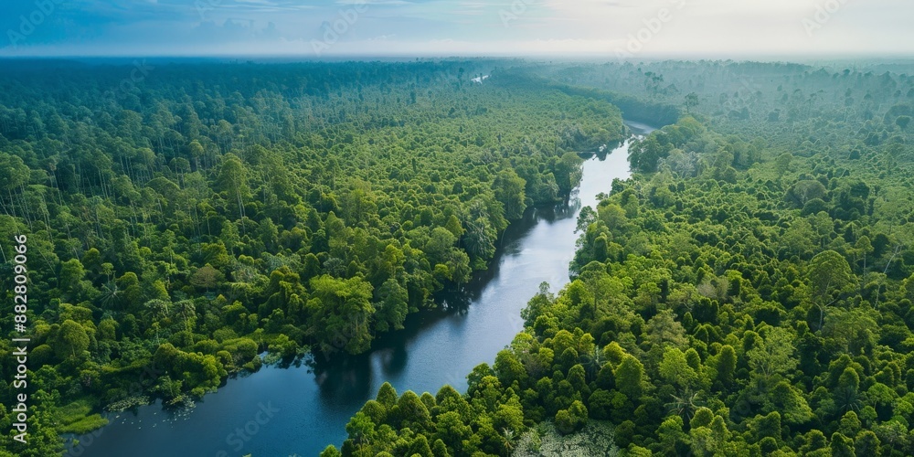 Naklejka premium Aerial View of a River Winding Through Lush Rainforest