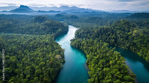 Aerial View of a River Winding Through a Lush Rainforest