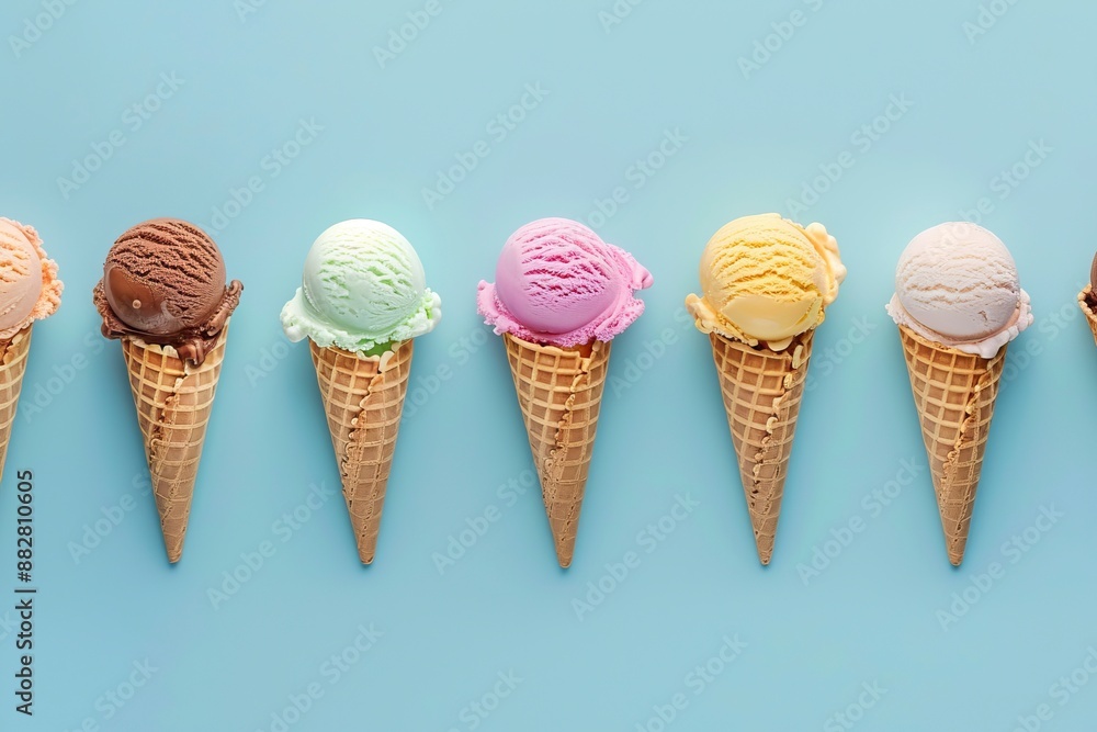 Various ice cream scoops in cones on blue background, top view. Assortment of vegan colorful ice cream in waffle cones. Flat lay - generative ai Various ice cream scoops in cones on blue background, top view. Assortment of vegan colorful ice cream in waffle cones. Flat lay - generative ai