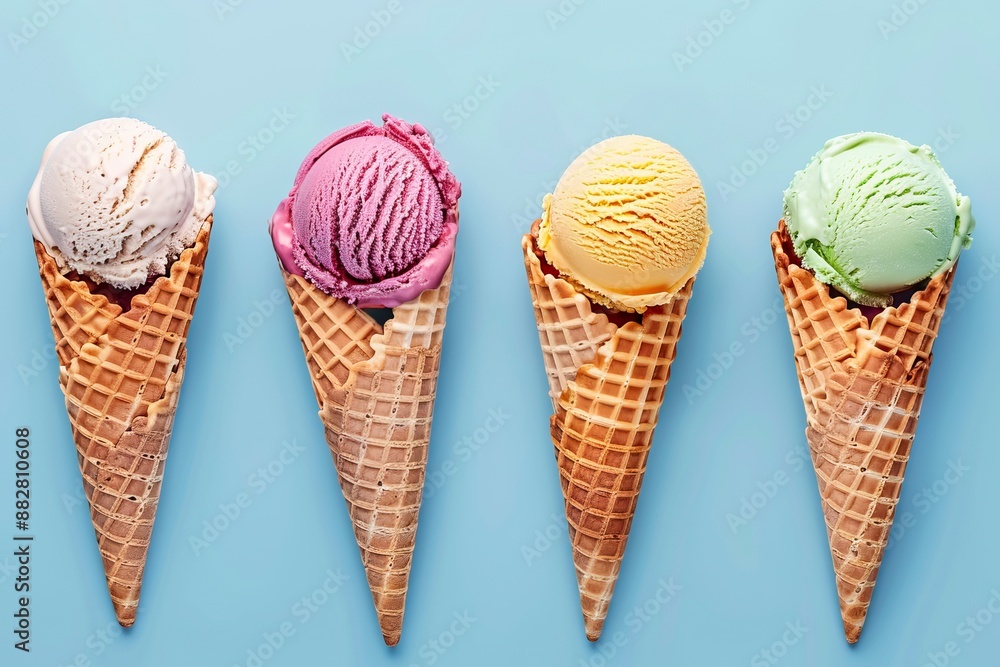 Various ice cream scoops in cones on blue background, top view. Assortment of vegan colorful ice cream in waffle cones. Flat lay - generative ai Various ice cream scoops in cones on blue background, top view. Assortment of vegan colorful ice cream in waffle cones. Flat lay - generative ai